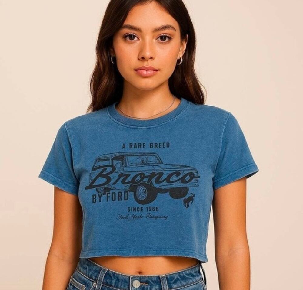 Ford Bronco Graphic Cropped T Shirt Rare Breed Blue Retro Truck Tee